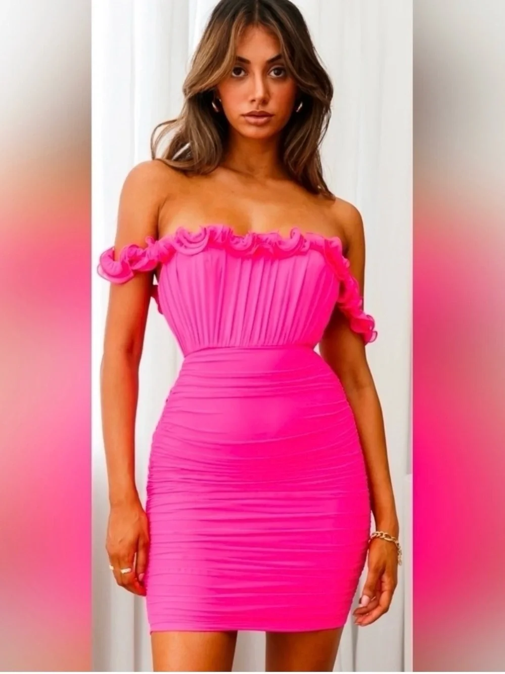 Senorita Off Shoulder lettuce Edge Ruched Mini Dress

NEVER WORN - Picture 2 of 5